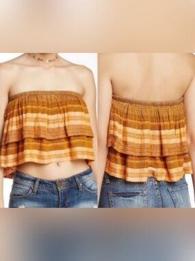 Free People Mustard and Tan Striped Ruffle Tube Crop Top